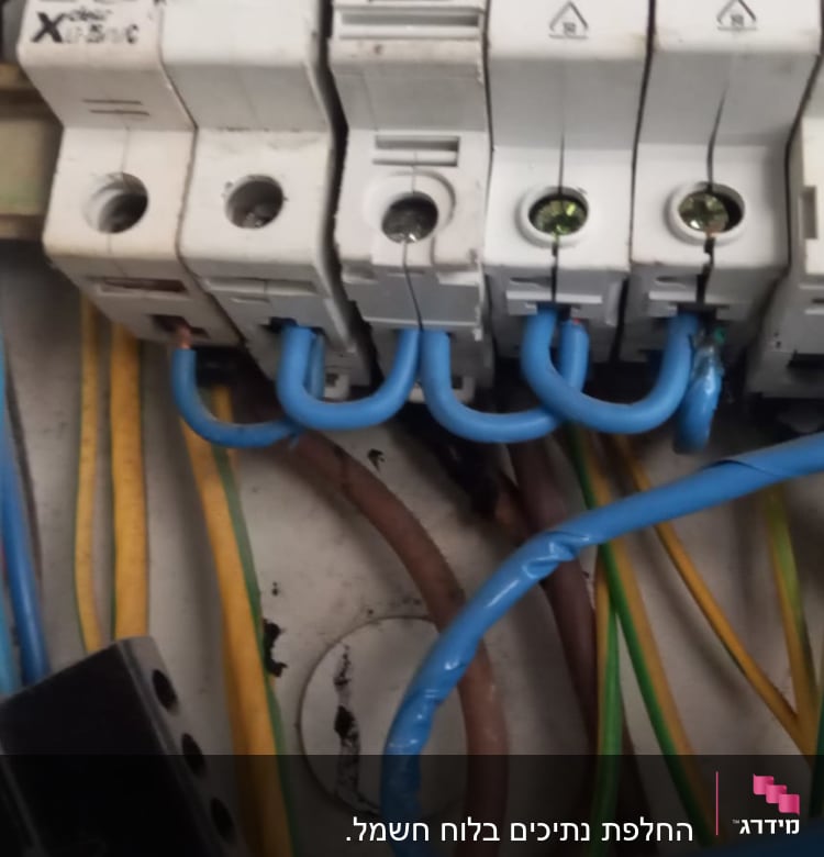 לוח חשמל עם חוטים צבעוניים ומפסקים